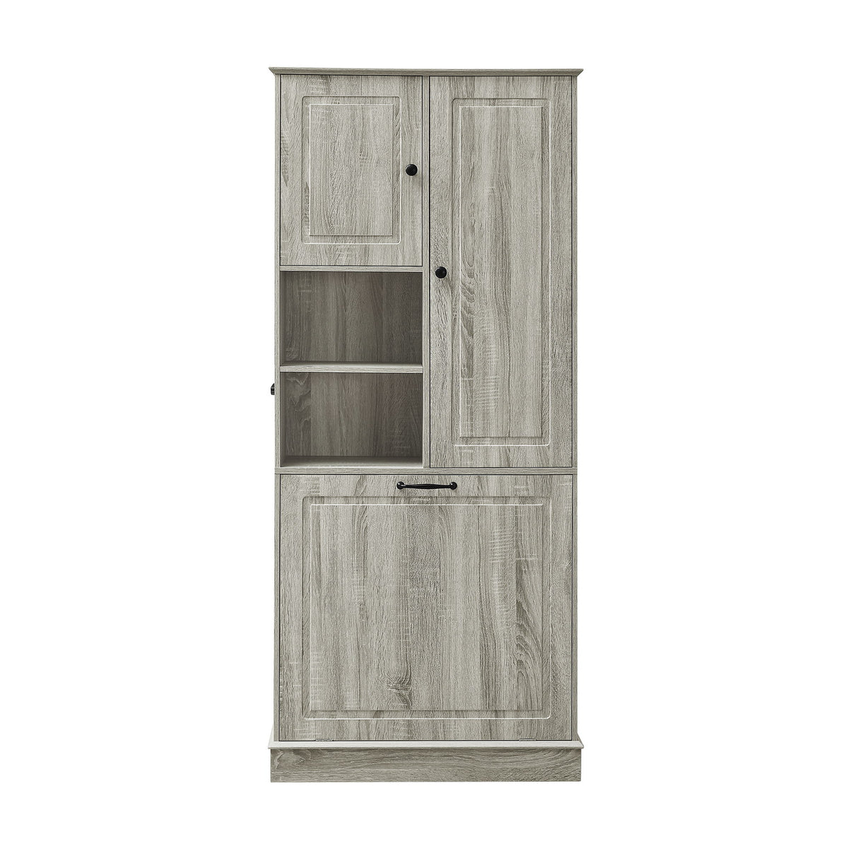 Modern Tall Storage Cabinet With Adjustable Shelves, Flip-Out Basket & Enclosed Doors