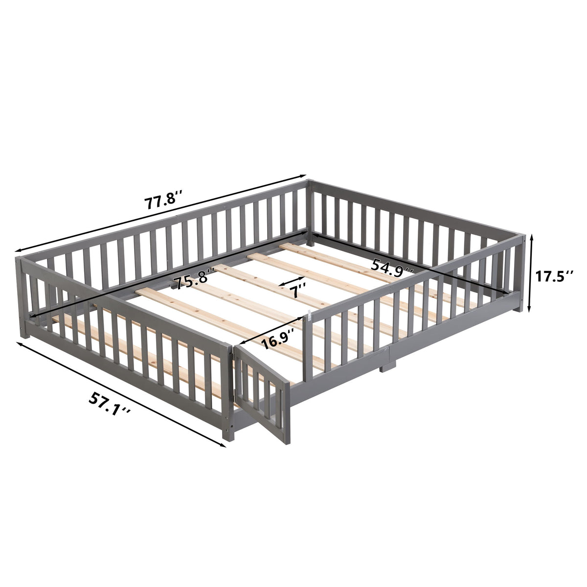 Solid Wood Floor Bed With Door And Fence For Children
