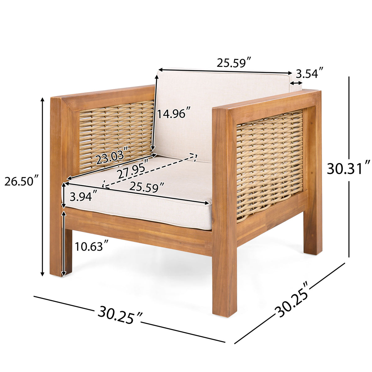 Outdoor Club Chair With Rope Arm And Cushions - Beige / Teak