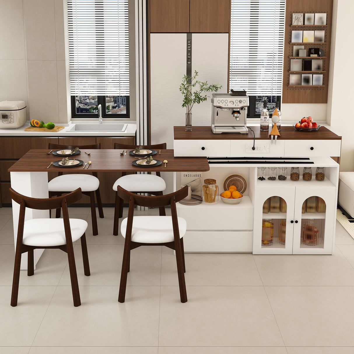 Kitchen Island Set With 4 Chairs, Extendable & Rotating Table, 4 Drawers & Glass Door Cabinets - Walnut