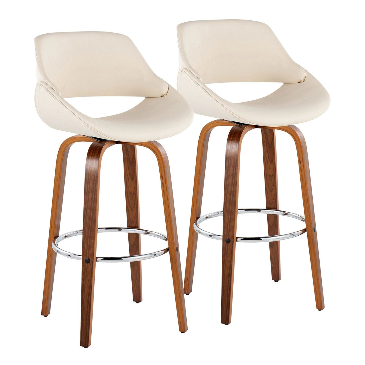 Fabrizzi - 30" Fixed-Height Barstool With Swivel And Round Chrome Metal Footrest (Set of 2) - Walnut Wood