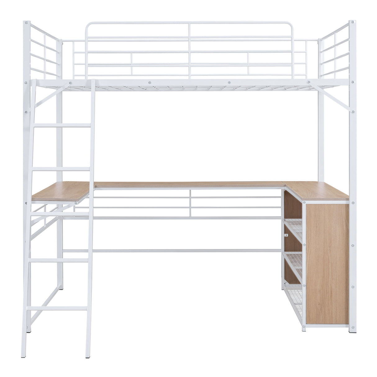 Loft Bed & 3 Layers Of Shelves And L-Shaped Desk