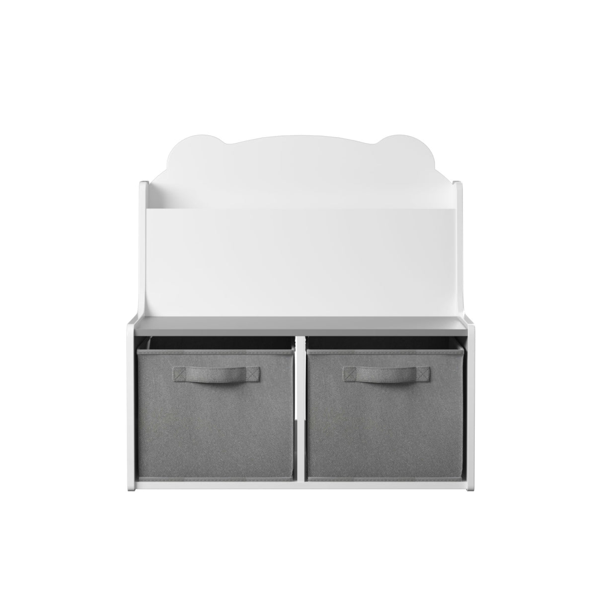 Bookshelf With Storage Bins, Bookcase With Book Display Shelf And 2 Bins, Cute Bear Shaped Backboard, Toy Organizer - White