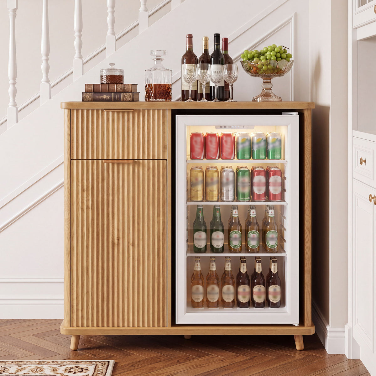Fluted Coffee Bar Cabinet With Mini Fridge Space & Charging Station - Natural