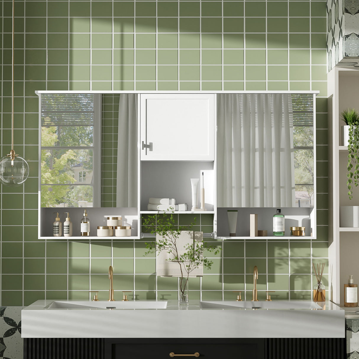 Wall-Mount 3-In-1 Mirror Cabinet With Adjustable Shelf, Soft-Closing Hinges, Rectangular Design - White