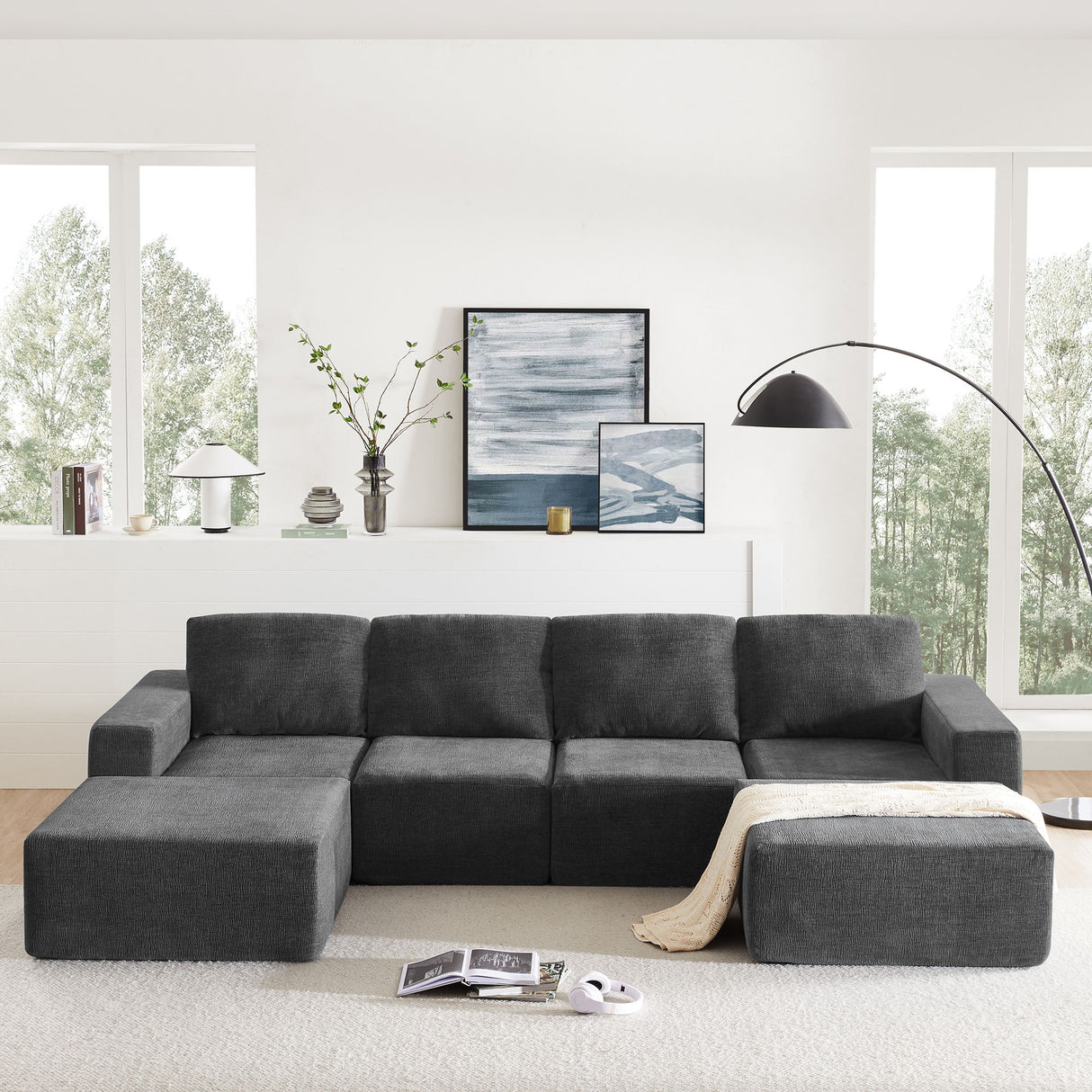 Modular U Shaped Sectional With Ottomans, Luxury Cloud Floor Couch With Deep Seat Fully Compressed Upholstered Sofa