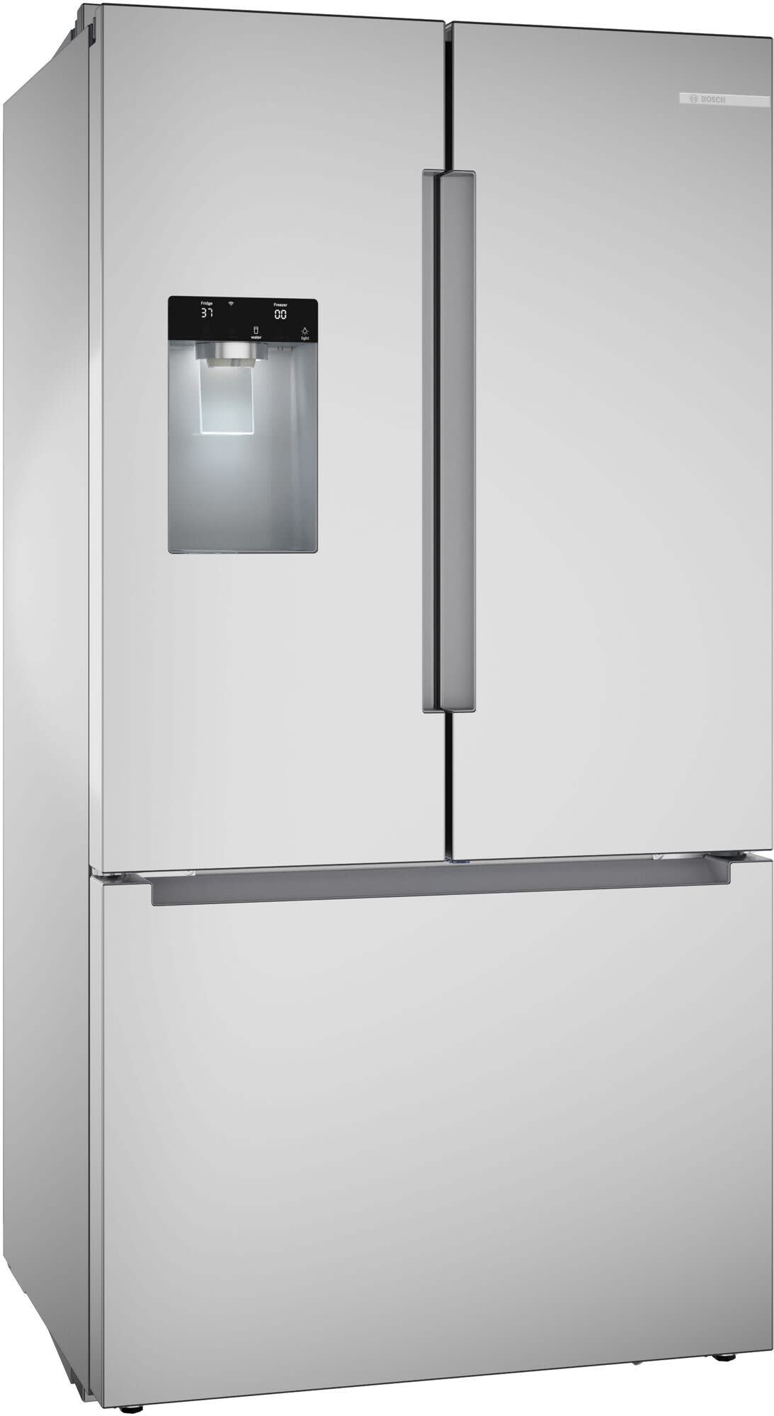 Bosch B36FD10ENS French door refrigerator, left angled view