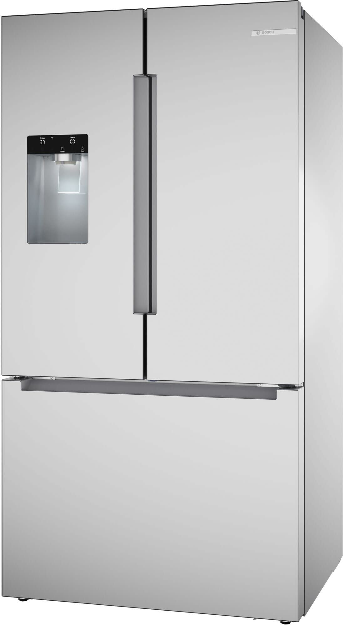Bosch B36FD10ENS French door refrigerator, right angled view