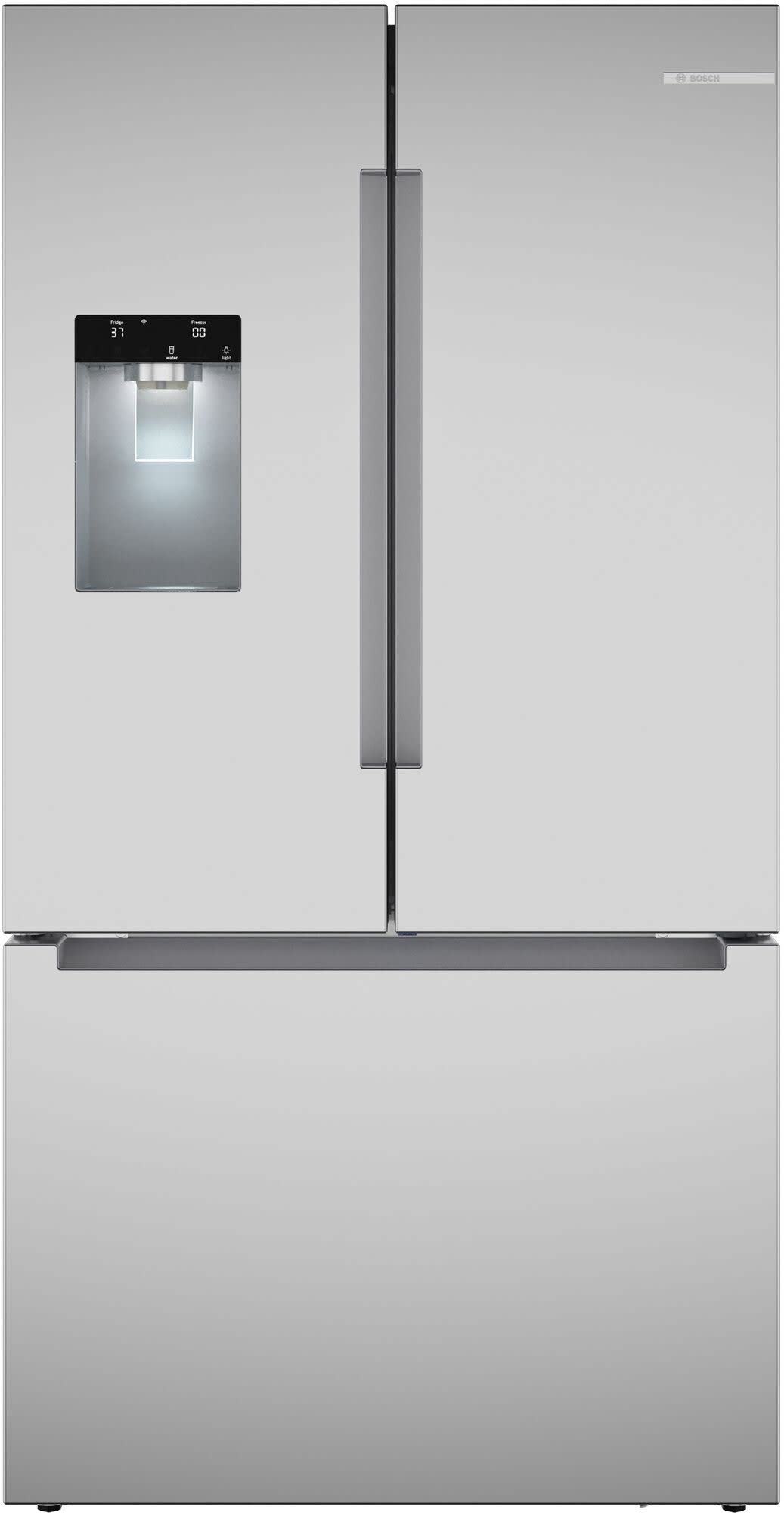 Bosch B36FD10ENS 36" French door refrigerator in stainless steel, front view