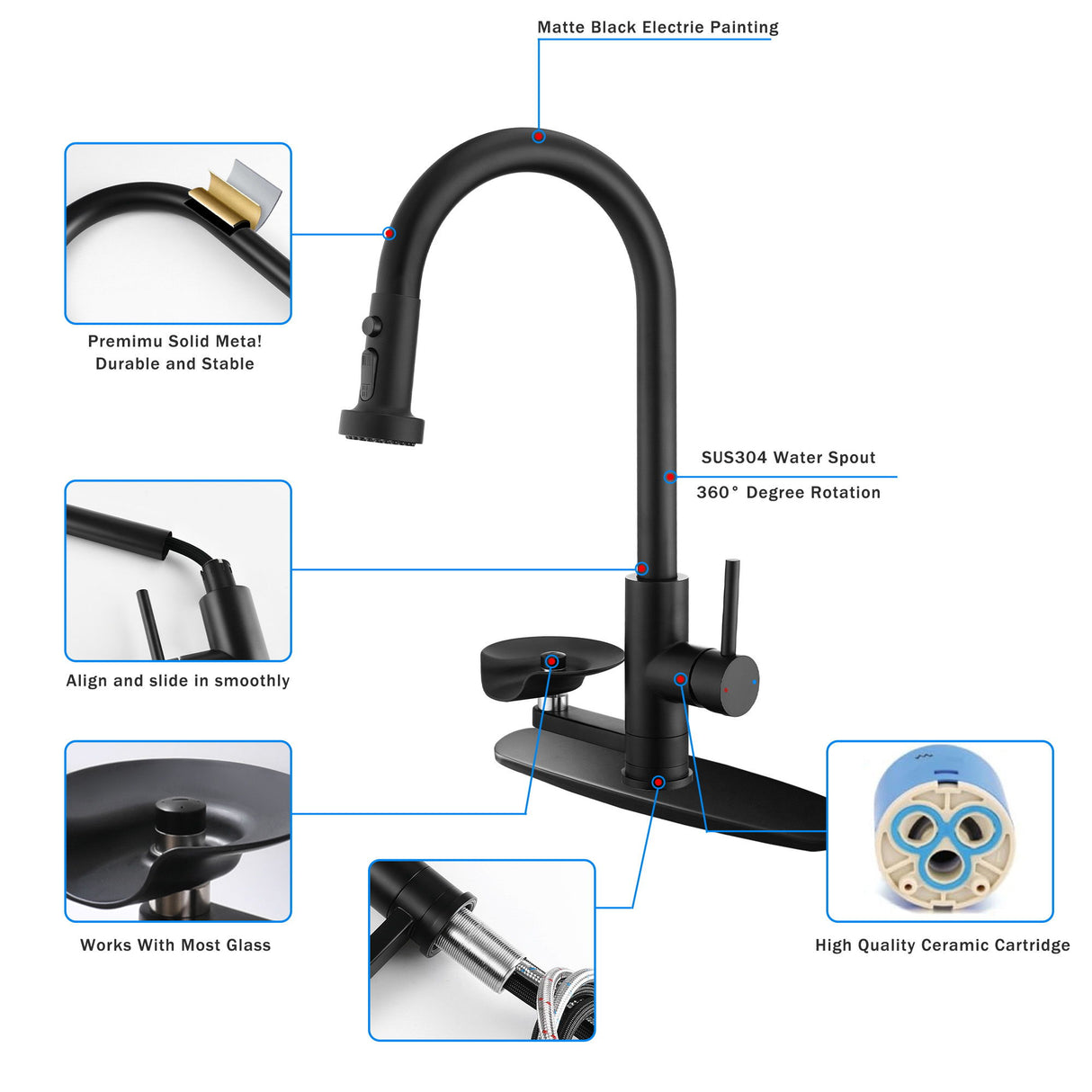 3 In 1 Kitchen Faucet With Press Type Glass Rinser, High Arc Pull Down Sprayer