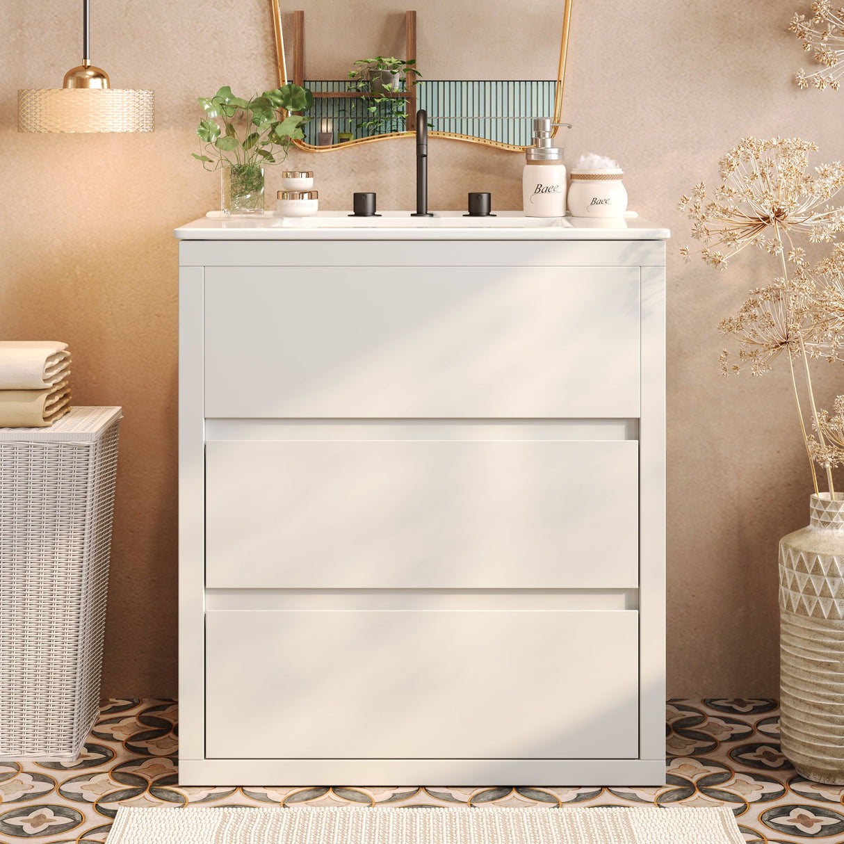 Freestanding Bathroom Vanity With Ceramic Sink, 2 Full Extension Drawers