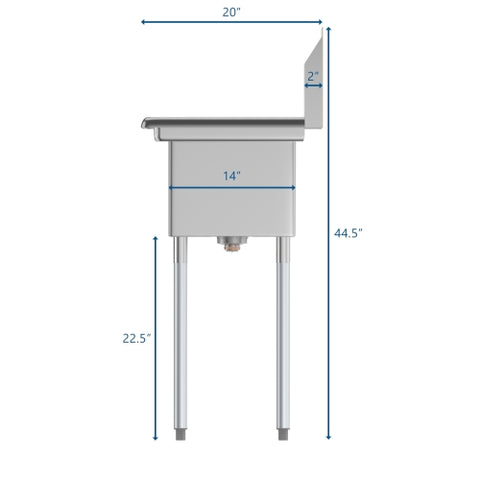 23 in. One Compartment Stainless Steel Commercial Sink with Drainboard, Bowl Size 10" x 14" x 10" SA101410-10L3.