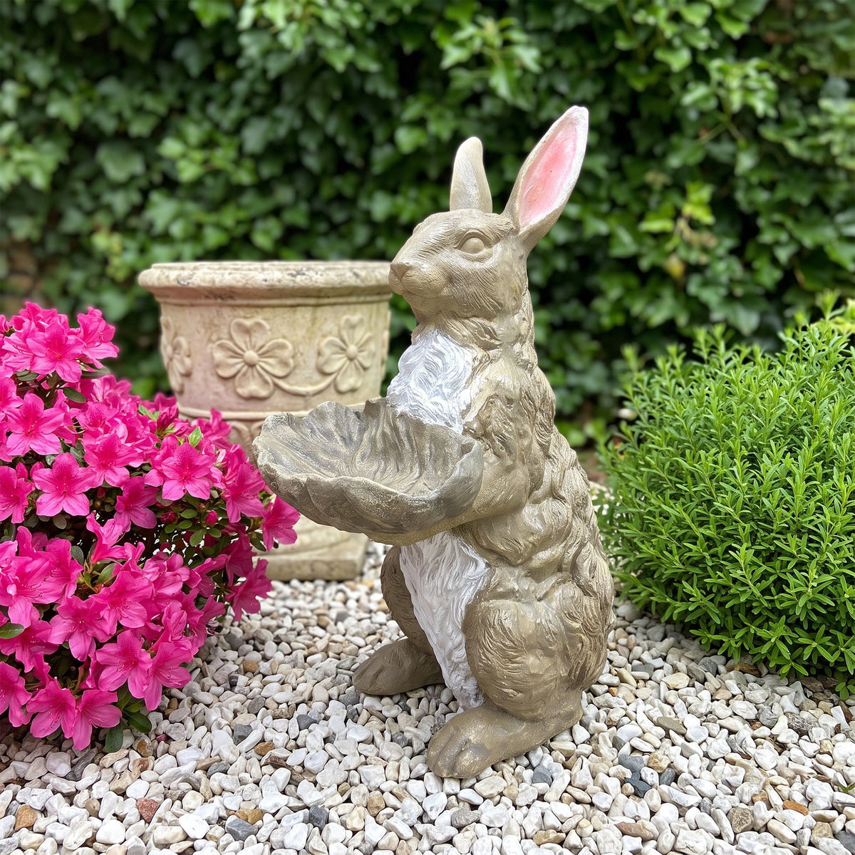 Bunny Statue Garden Ornament - Antique Brown / White