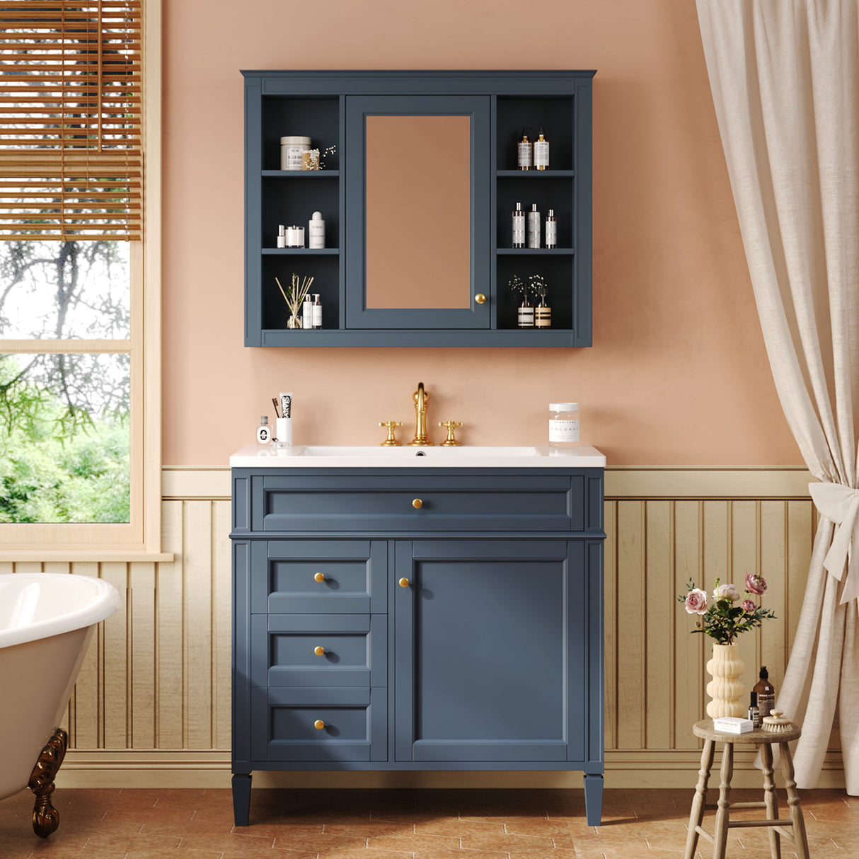 Bathroom Vanity With Mirror Cabinet, Single Sink With 2 Soft Closing Doors And 4 Drawers