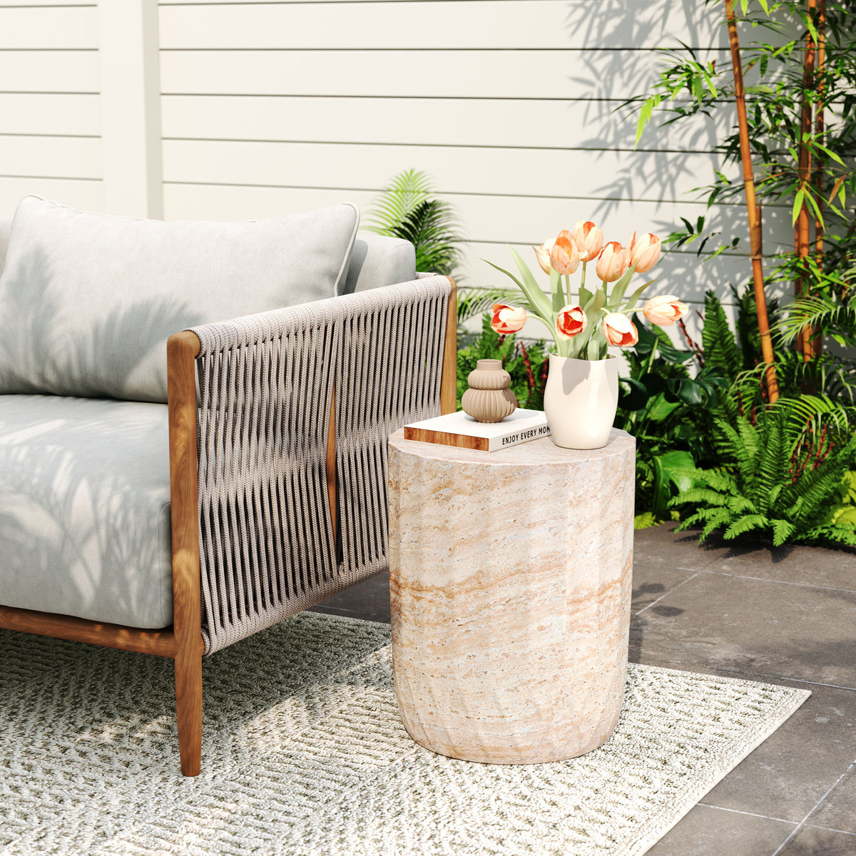 Outdoor / Indoor Lightweight Concrete Side Table, Cylinder Travertine Finish Accent Table - Beige