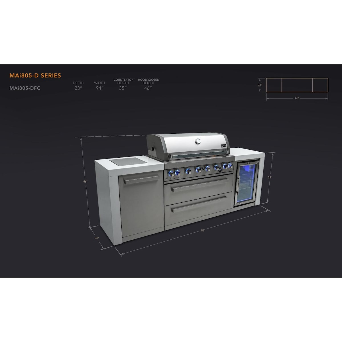 Mont Alpi Deluxe Series 8 Ft Propane Outdoor Kitchen Island w/ Side Burner & Fridge - MAi805-DFC