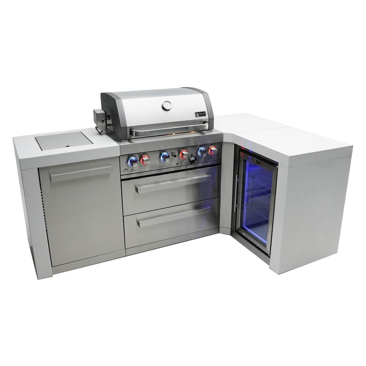 Mont Alpi Deluxe Series 7.5 Ft L-Shaped Propane Outdoor Kitchen Island w/ Side Burner & Fridge - MAi400-D90FC