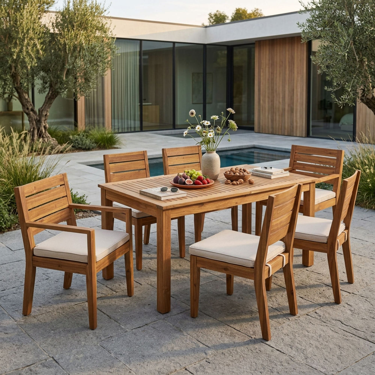 Outdoor 6 Seater Expandable Dining Set With Cushions - Sandblasted Natural / Beige