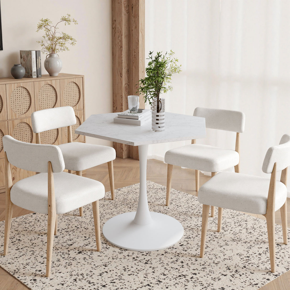 Hexagonal Coffee Table With Printed Marble Top And Base - White Marble