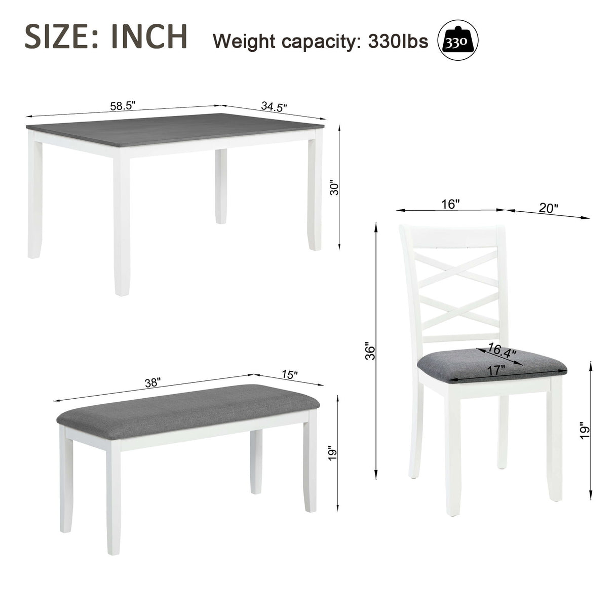 Elegant 6 Piece Dining Table Set With 4 Chairs And Bench