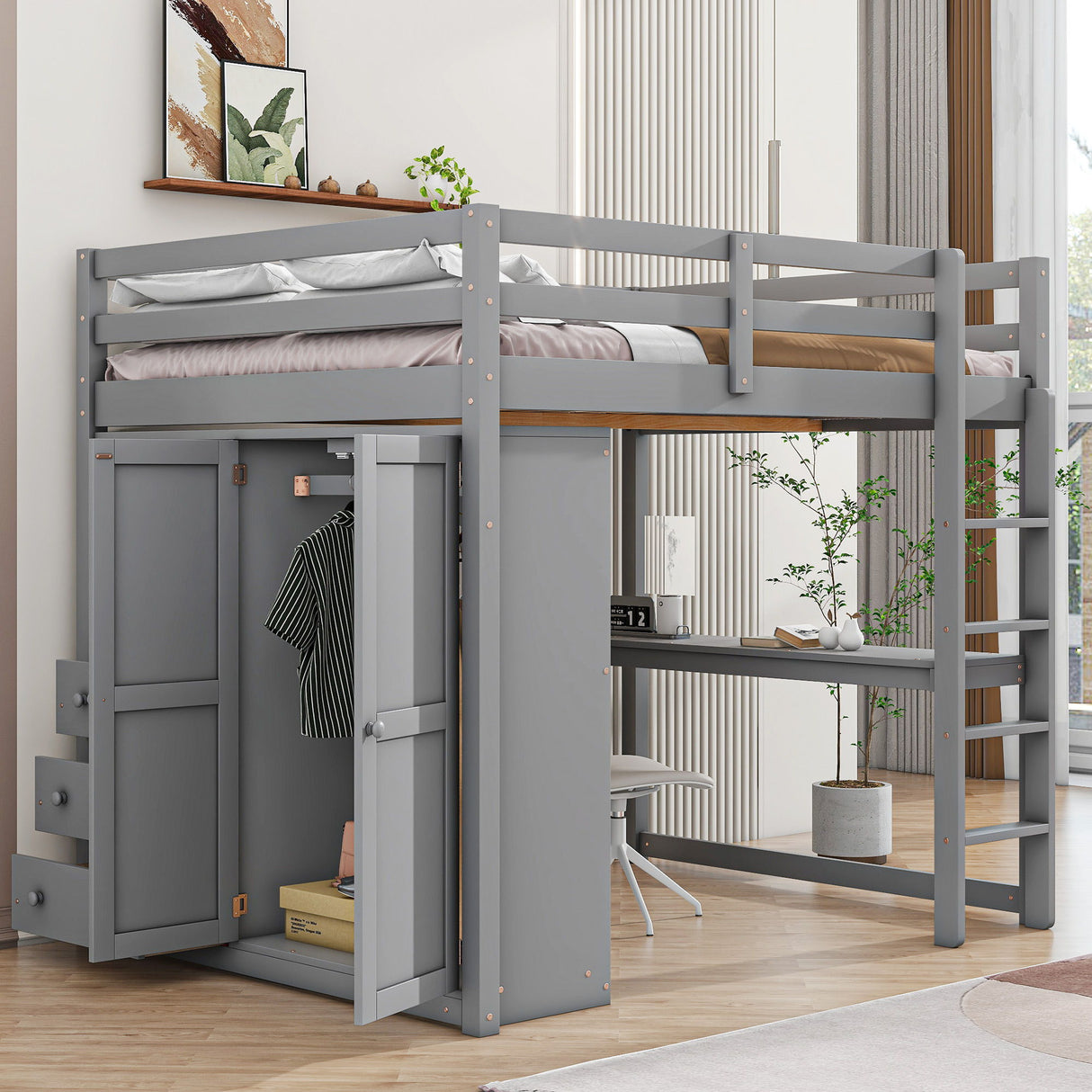 Loft Bed With Built In Wardrobe, Shelves And Drawers