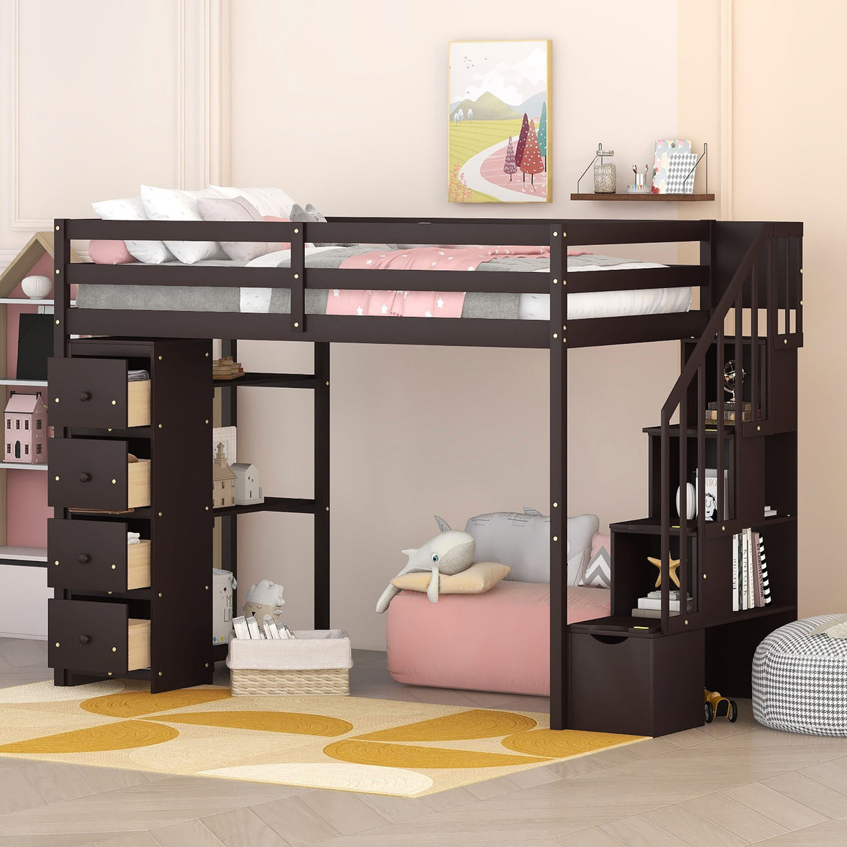 Loft Bed With Storage Drawers And Stairs With Shelves
