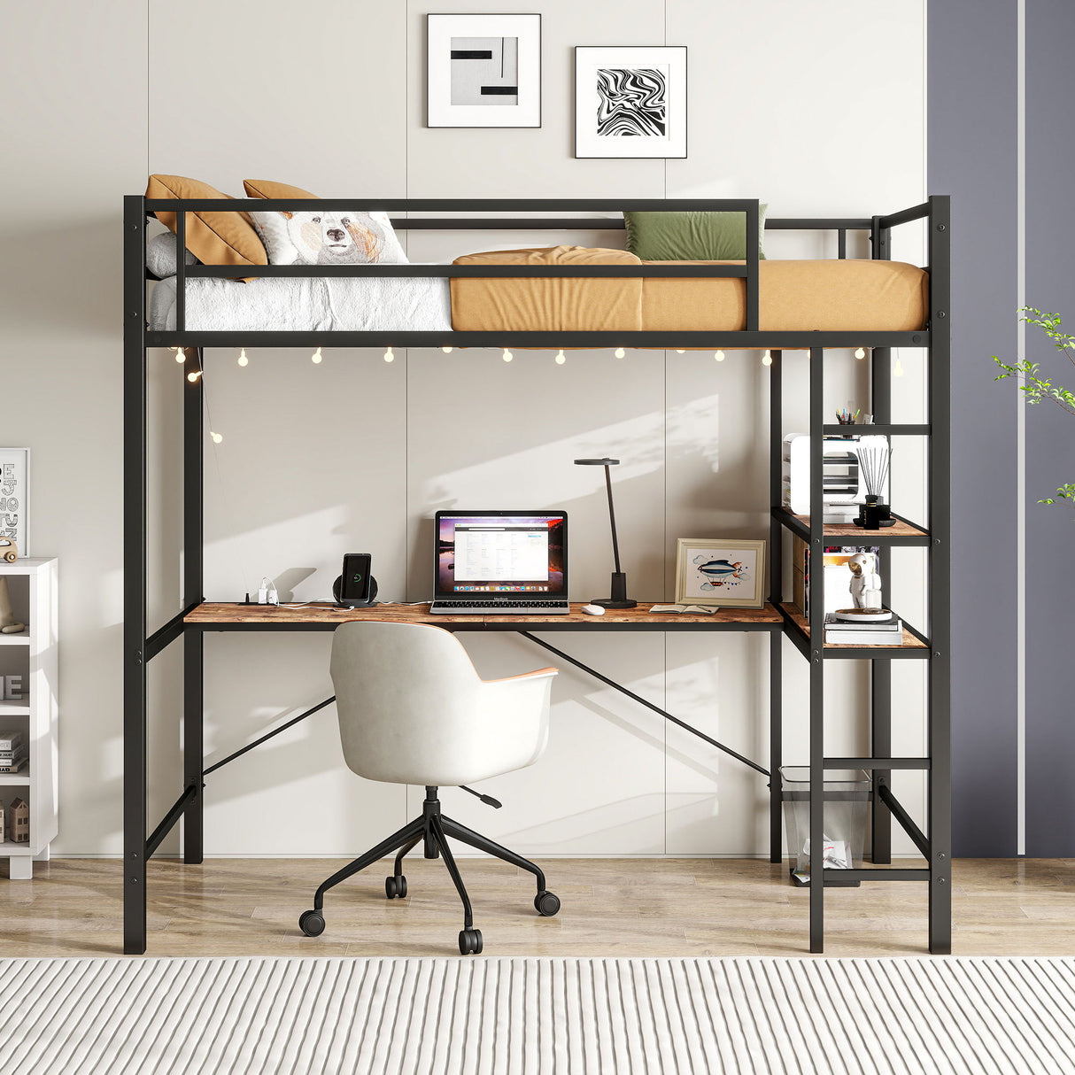 Space Saving Twin Size Loft Bed With L Shaped Desk, Shelves, Charging Station, Led Lights - Brown