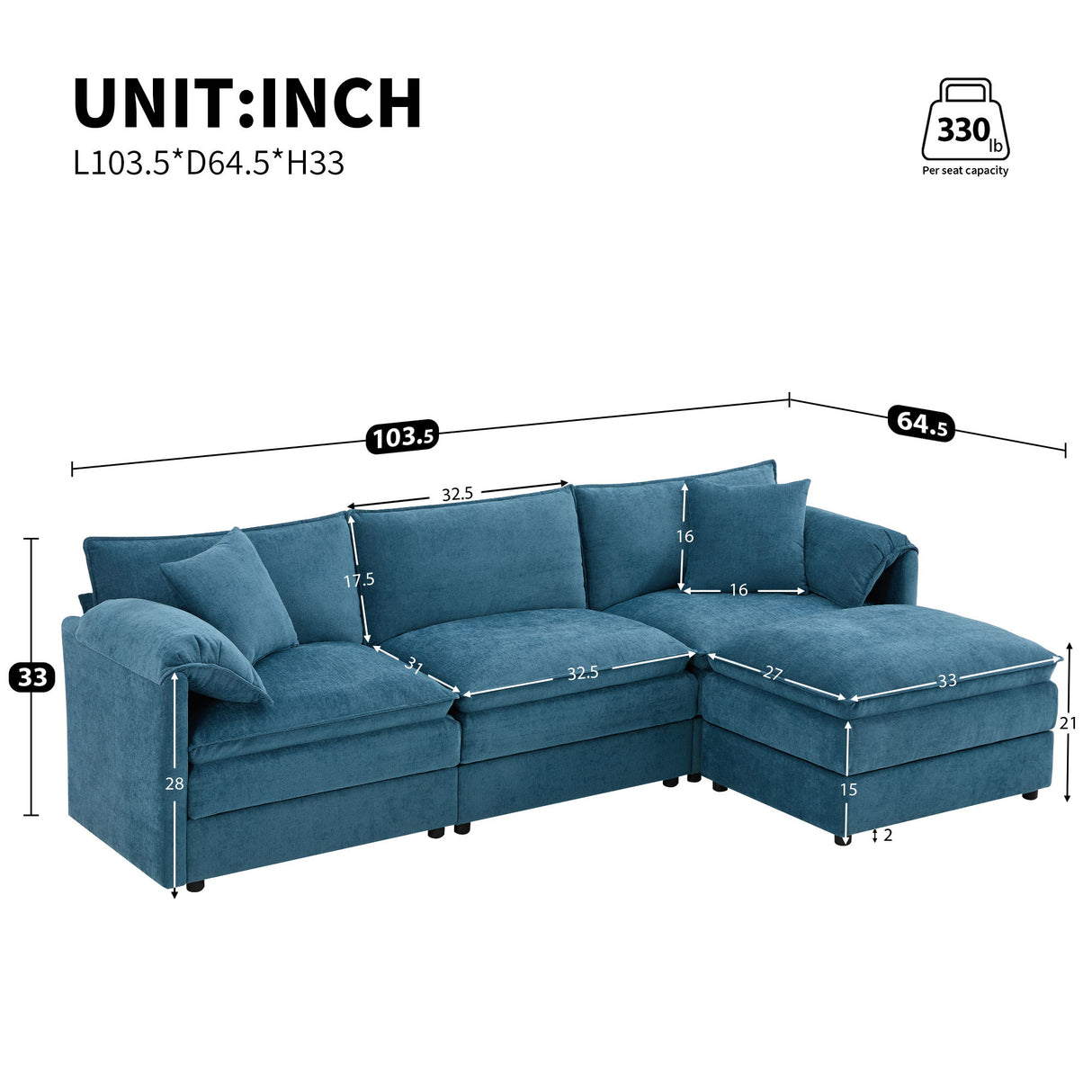 Modular Sectional With Deep And Wide Seat, Cloud Couch Set With Double Cushions Sofa With Movable Ottoman