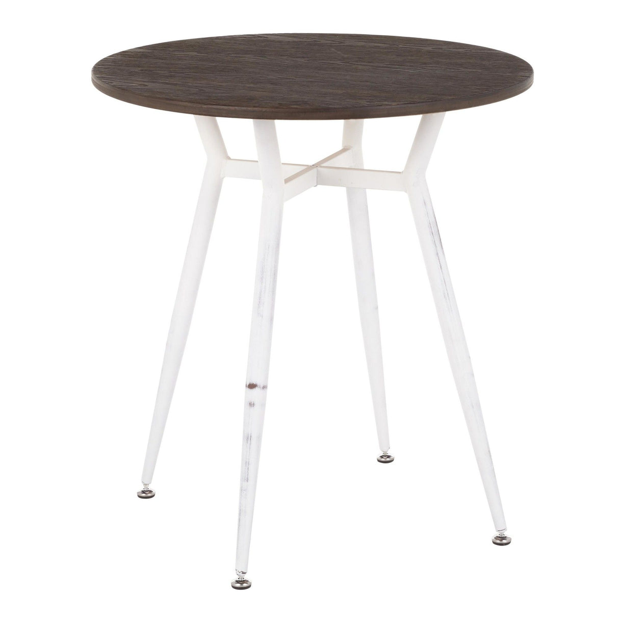 Clara - Charlotte 3 Piece Round Dinette Set - Vintage White Metal With Rounded Espresso Wood-Pressed Grain Bamboo Tabletop And White Textured Wood With Charcoal Fabric