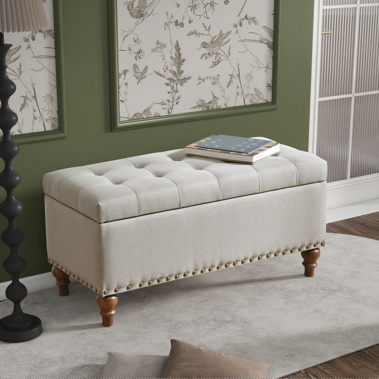 Upholstered Ottoman With Storage And Rivet Trim