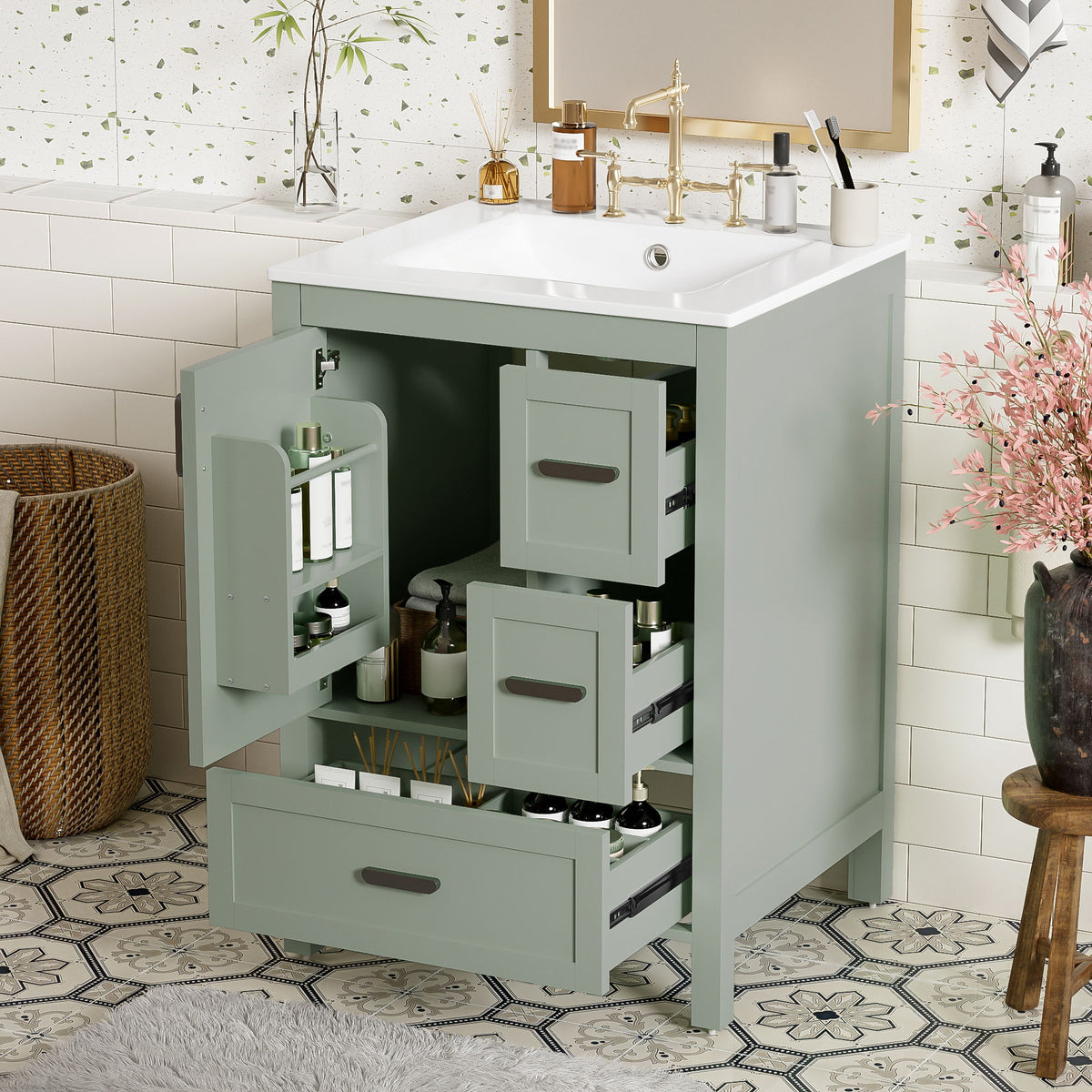 Bathroom Vanity With Sink, Soft-Close Doors, Double-Layer Shelf And 3 Drawers