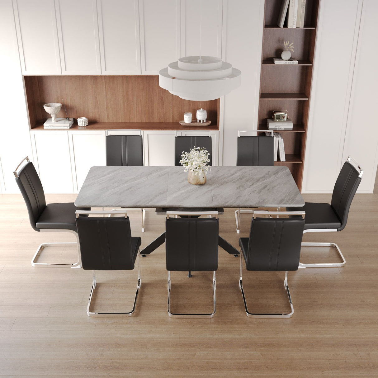 Modern Extendable Dining Table Set With Soft Padded Armless Chairs