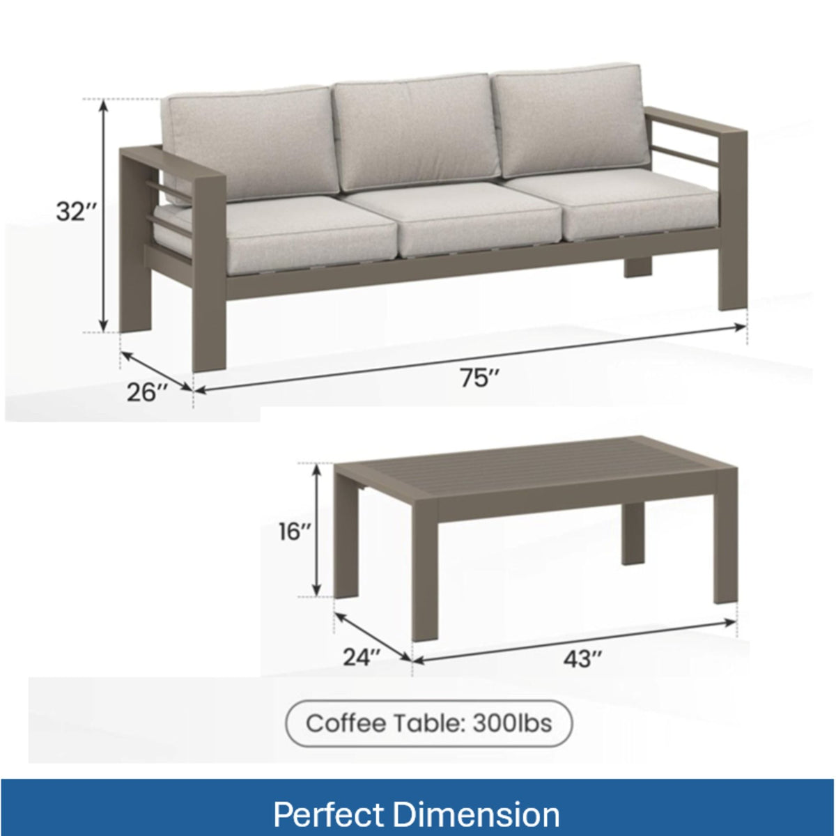 2 Piece Outdoor Patio Set, 3 Seat Sofa With Thick Cushions And Coffee Table - Light Khaki / Beige