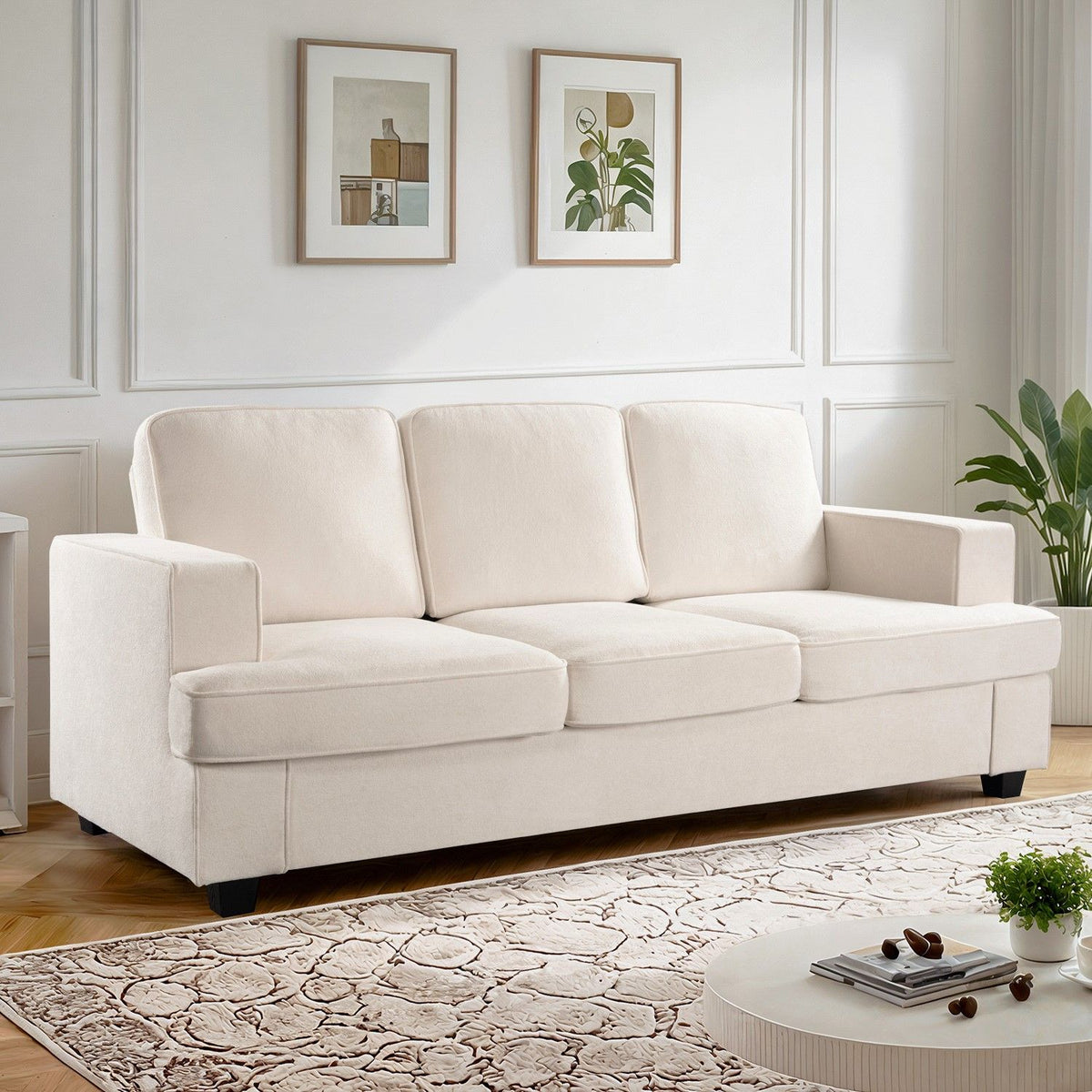 Modern Sofa, Comfortable 3 Seater Couch With Deep Seating, Loose Back Cushions, Wide Arms
