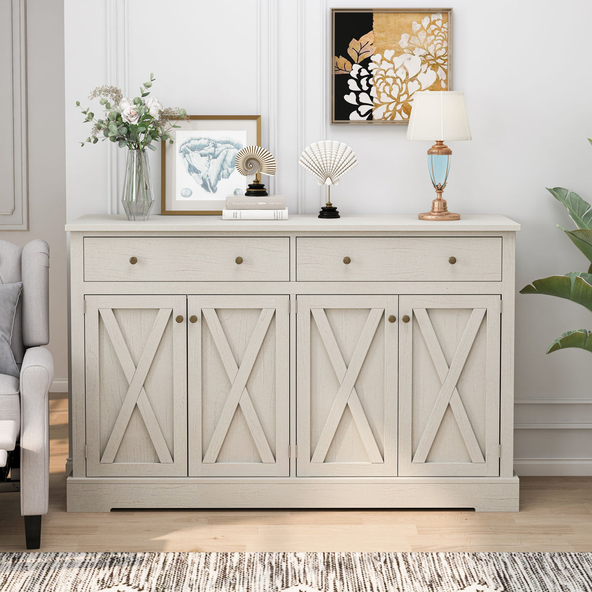 Vintage Sideboard With 2 Drawers And Four Doors For Living Room