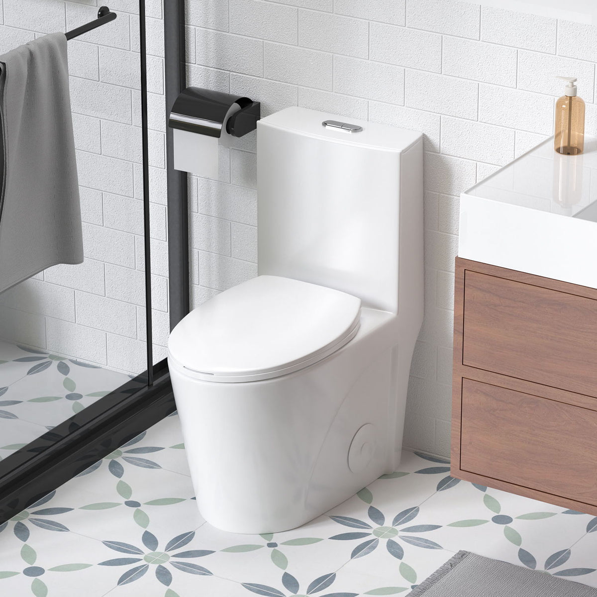 Glossy Tornado Flush 1 Piece Toilet With Dual Flush, Soft Close Seat - Gloss White