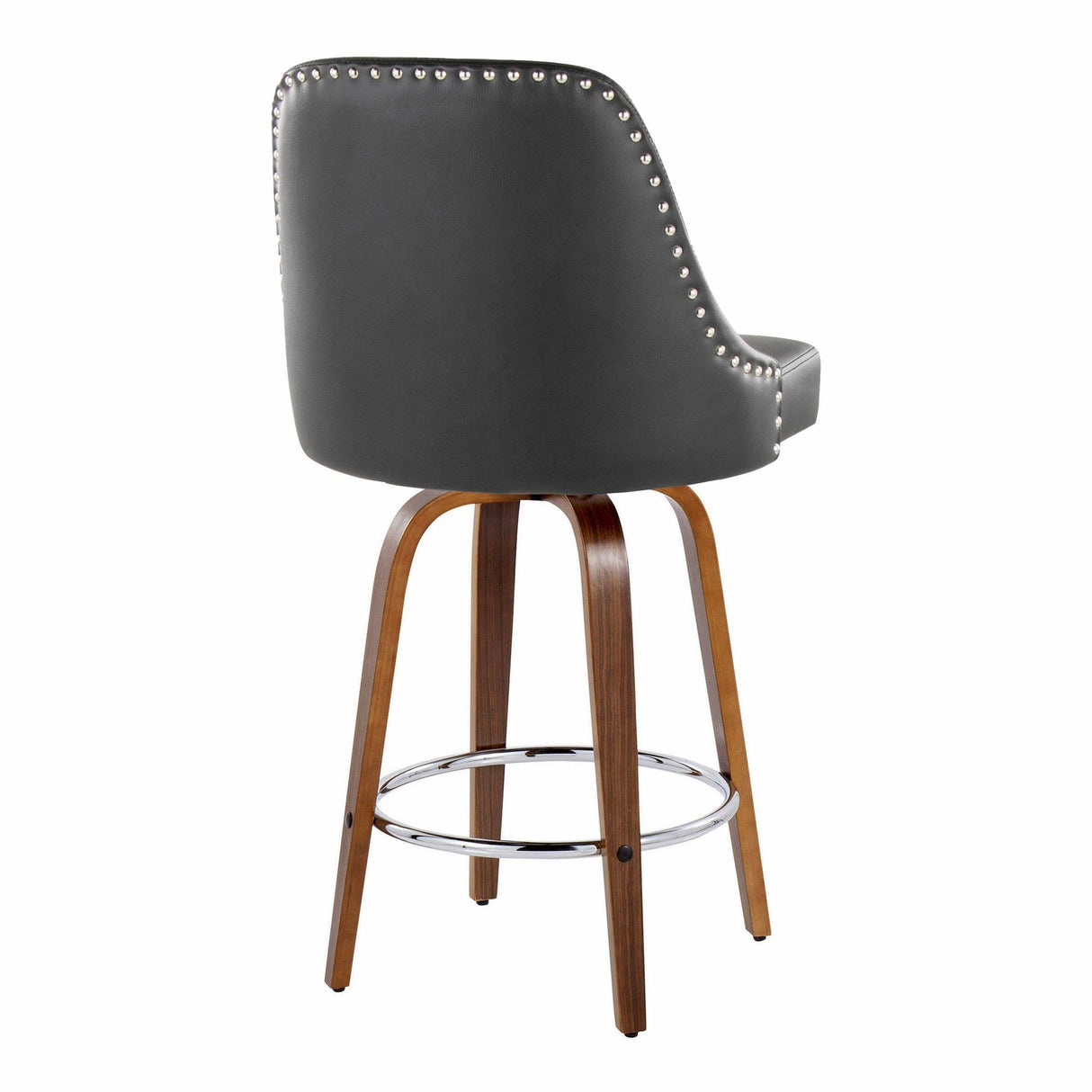 Marcel - 26" Fixed-Height Counter Stool With Swivel And Round Chrome Metal Footrest (Set of 2) - Walnut Wood And Black Faux Leather With Chrome Nailhead Trim