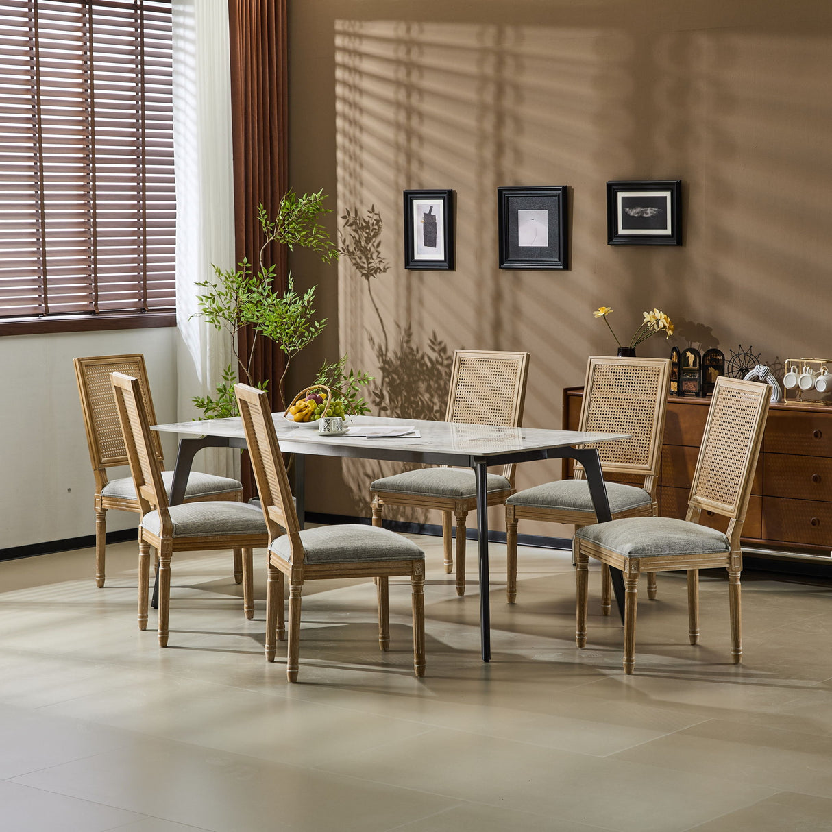 French Country Dining Chair With Rectangular Cane Backrest And Smooth Upholstered Seating