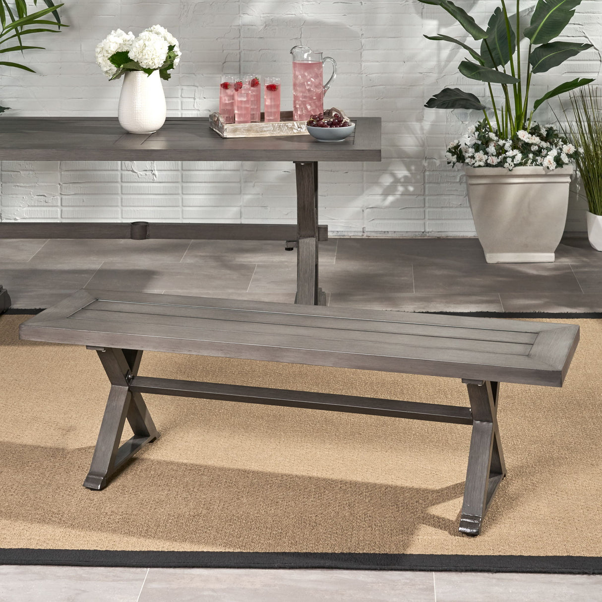 Modern Aluminum Outdoor Dining Bench With X Base - Dark Gray
