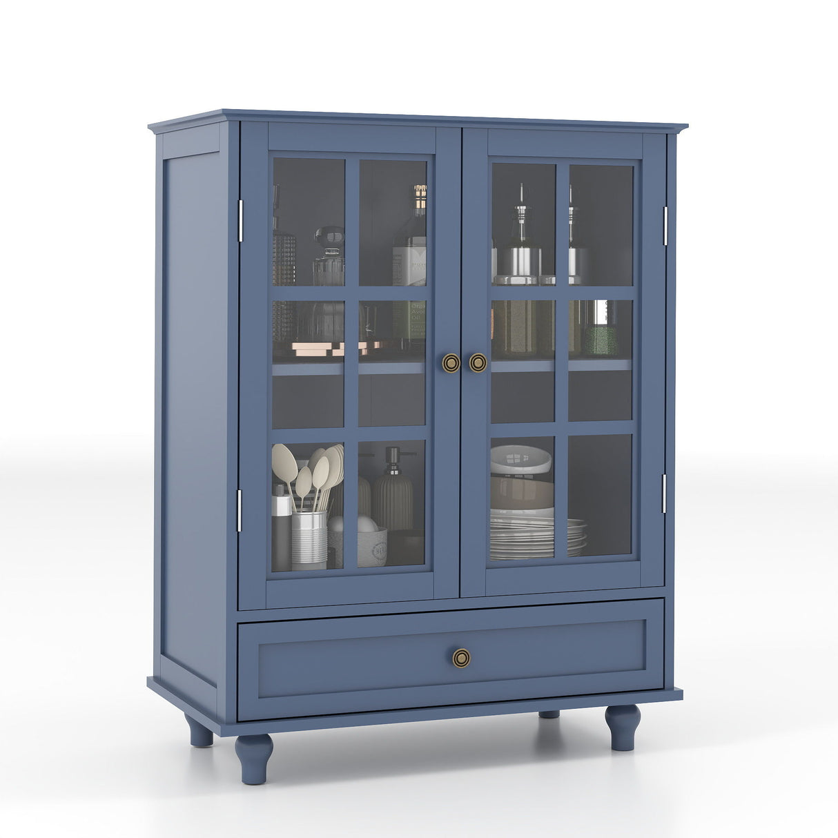 Minimalist Buffet Cabinet With Double Glass Doors And Drawer