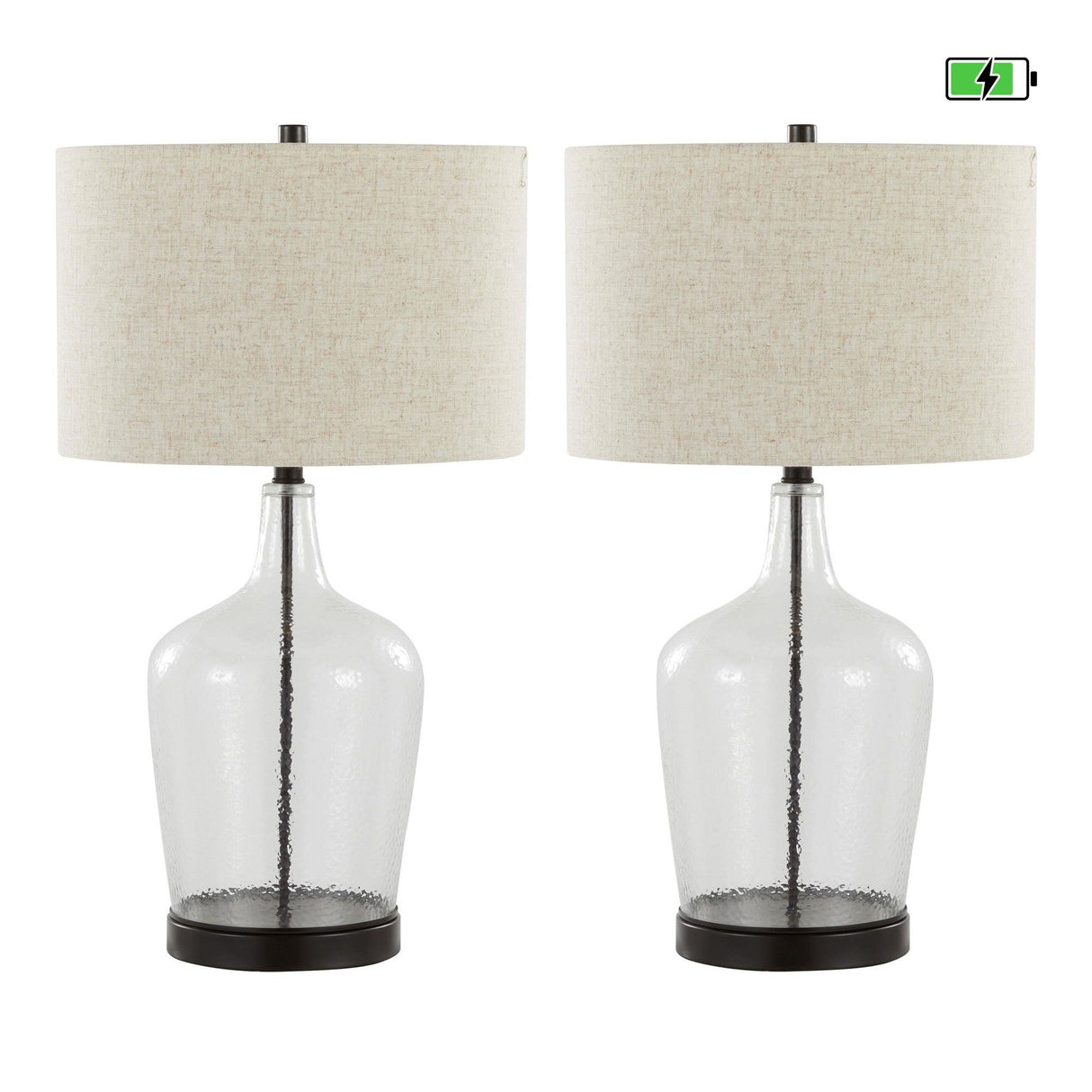 Botella - 28" Glass Table Lamp (Set of 2) - Clear Dimpled Glass And Oil Bronze Metal With Natural Linen Shade And Built-In USB Port from Grandview Gallery