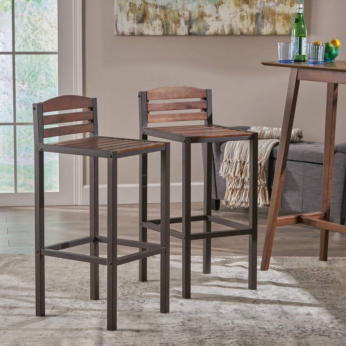 Outdoor Barstool With Slat Panel Design (Set of 2) - Dark Brown
