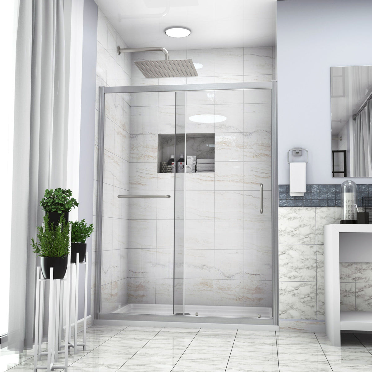 Single Sliding Bypass Shower Enclosure With Tempered Glass And - Brushed Silver