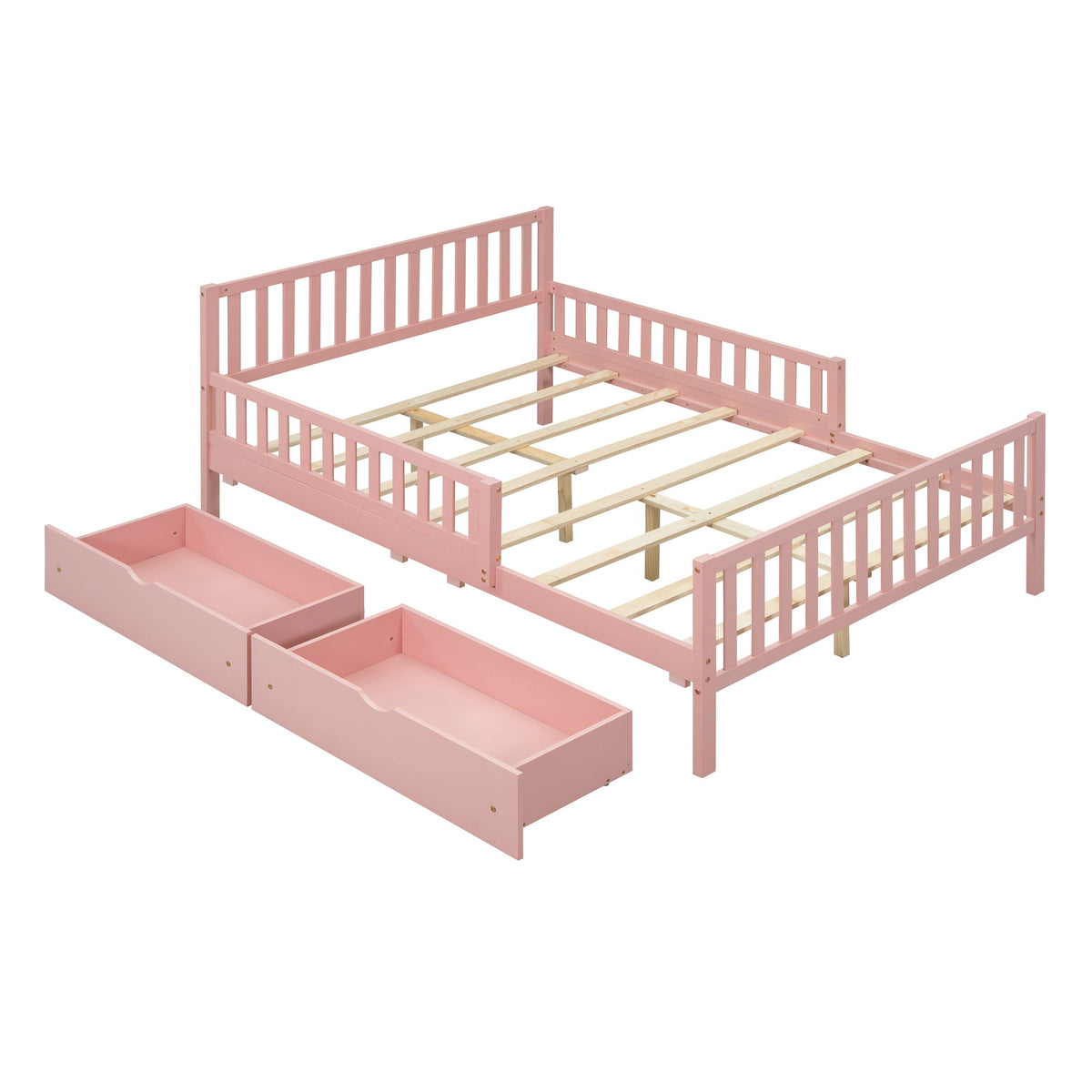 Platform Bed With Guardrails On Both Sides And 2 Storage Drawers