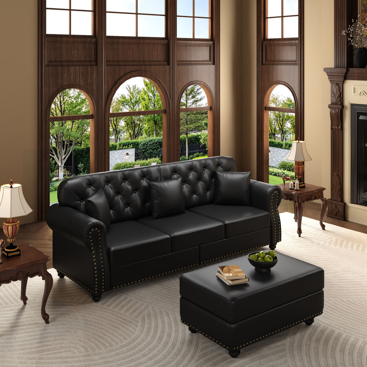 Upholstered Sofa With Nailhead Trim, Rolled Armrests With Ottoman