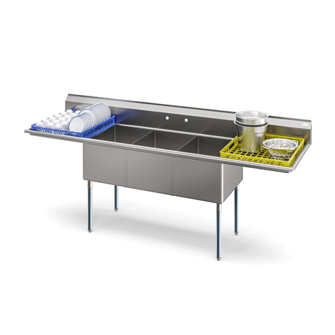 102 in. Three Compartment Commercial Sink Bowl Size 18x24x14 Stainless-Steel 18 Gauge with Two Drainboards (KM-SC182414-24B3)
