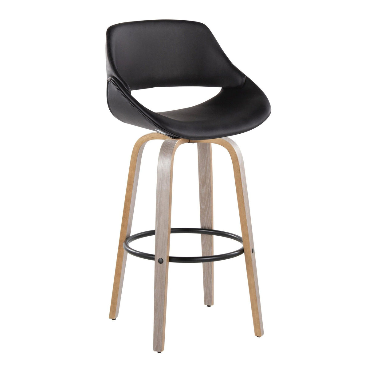 Fabrizzi - 30" Fixed-Height Barstool With Swivel And Round Black Metal Footrest (Set of 2) - Light Gray Wood