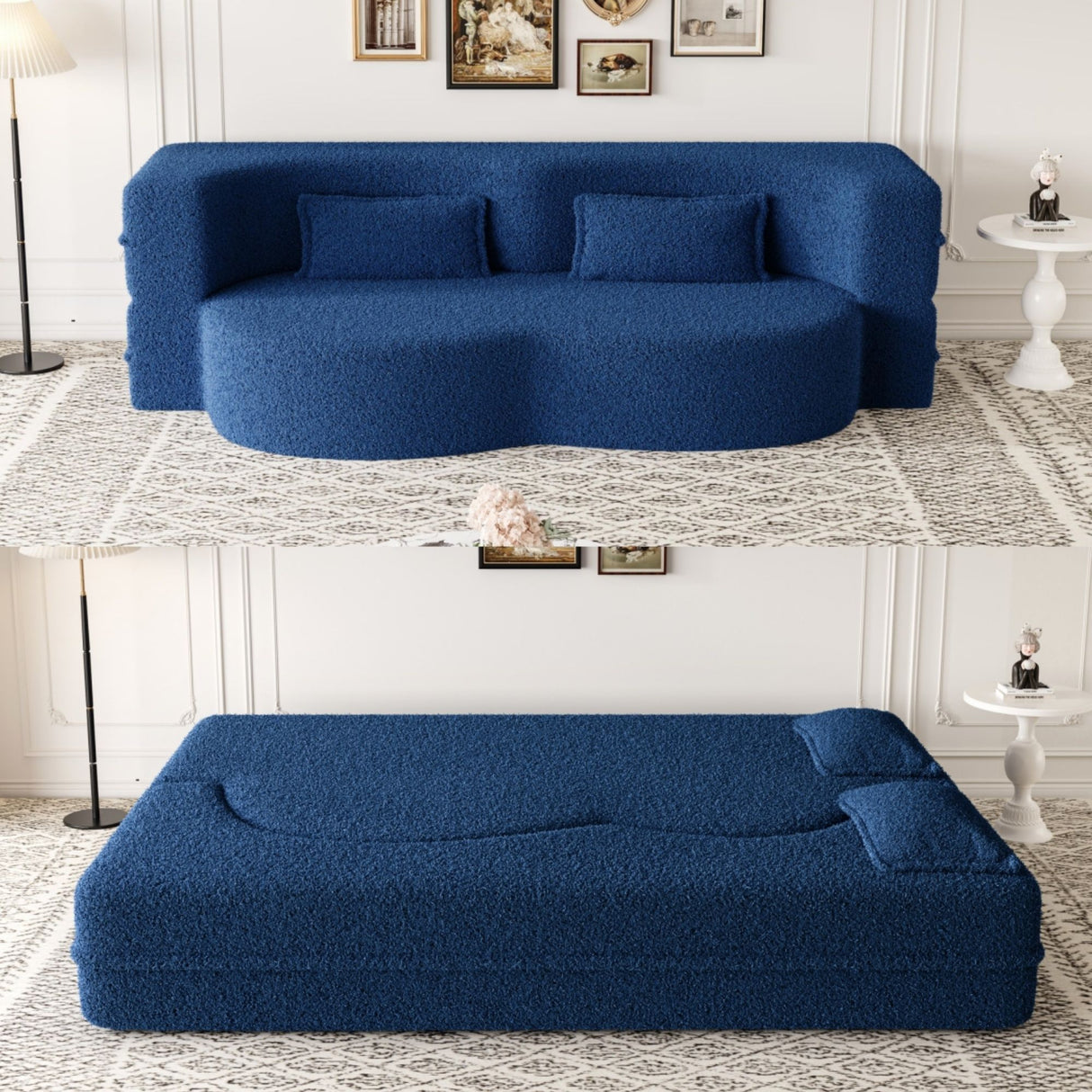 Modern Floor Sofa, With 2 Pillows, Convertible Teddy Fabric Foam Filled Bed