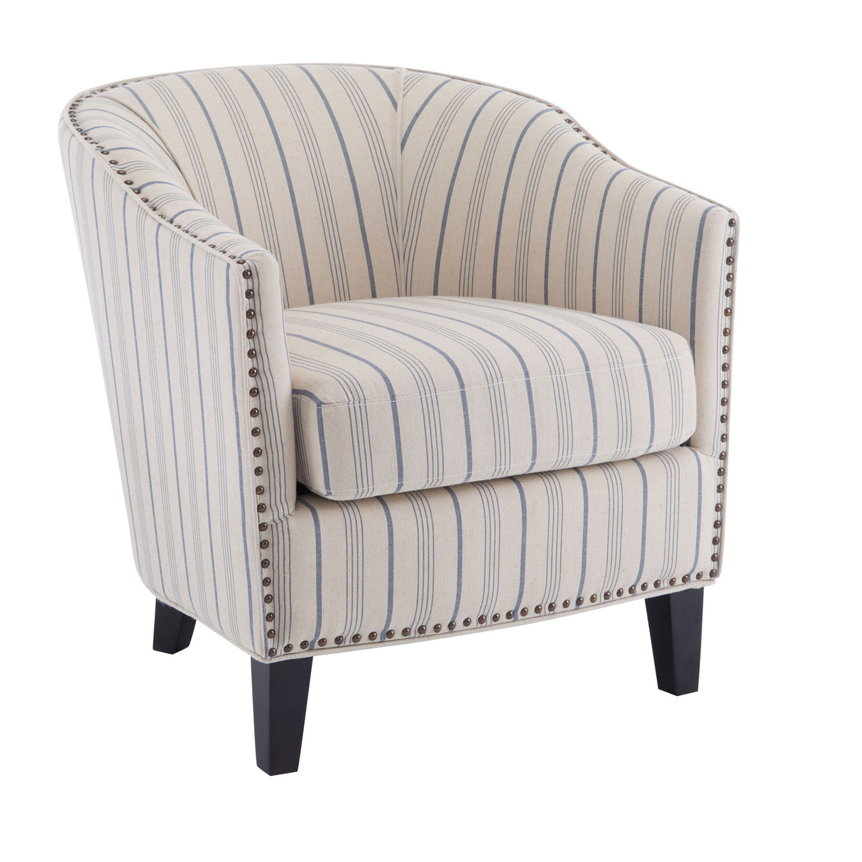 Transitional Upholstered Stripe Barrel Chair With Birch Wood Legs And Plush Cushioned Seat - Beige / Blue Stripe