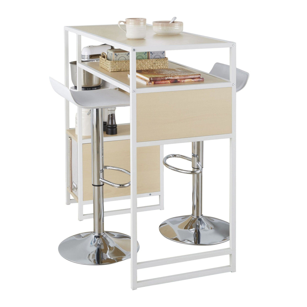 Display - Ale 3 Piece Bar Set with Storage - White Metal, Natural Wood, White PVC, Chrome Metal